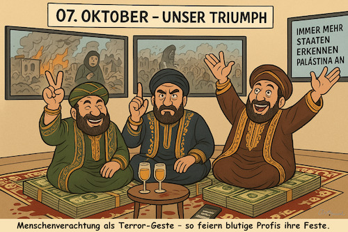 Cartoon: Terror-Fürsten in Partylaune (medium) by ArtyFicial tagged israel,palästina,terror,hamas,oktober,angriffe,attentate,krieg,leid,elend,tod,verderben,juden,muslime,teheran,iran,glaubenskrieg,terrorfürsten,doha,katar