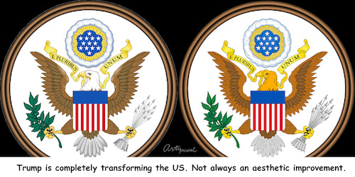 Cartoon: Times change (medium) by ArtyFicial tagged trump,shaking,up,usa,great,seal