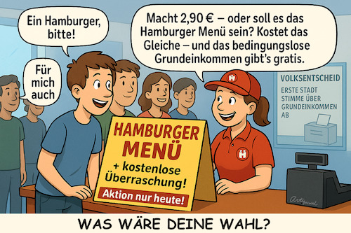 Cartoon: Unbedingt nötig!? (medium) by ArtyFicial tagged bedingungsloses,grundeinkommen,deutschland,hamburg,volksentscheid,inflation,produktion,nachfrage,finanzmisere,öffentliche,haushalte,kredite