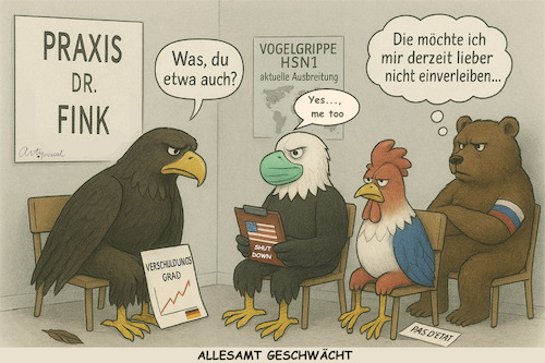Cartoon: Vogelgrippe international (medium) by ArtyFicial tagged vogelgrippe,finanzschwäche,immunsystem,bundesadler,weißkopfseeadler,us,eagle,gallischer,hahn,russischer,bär