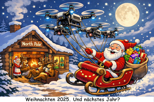Cartoon: Weihnachten 2025 (medium) by ArtyFicial tagged weihnachten,weihnachtsmann,santa,claus,rentiere,ki,drohnen,schlitten,winter