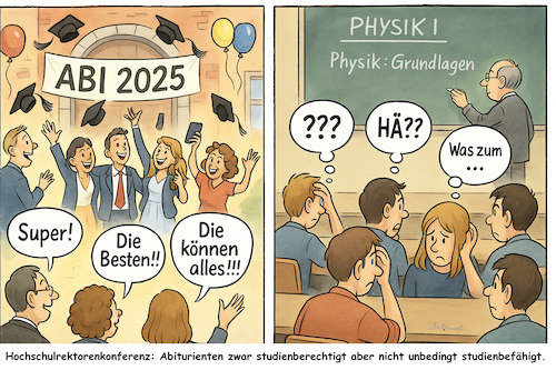 Cartoon: Widerspruch im System (medium) by ArtyFicial tagged abi,abitur,noten,noteninflation,grundlagenmängel,uni,universität,studium,kenntnislos,hochschulrektorenkonferenz,philologenverband,widerspruch,widersprüchlich,systemmangel,mangelhaft,ahnungslos