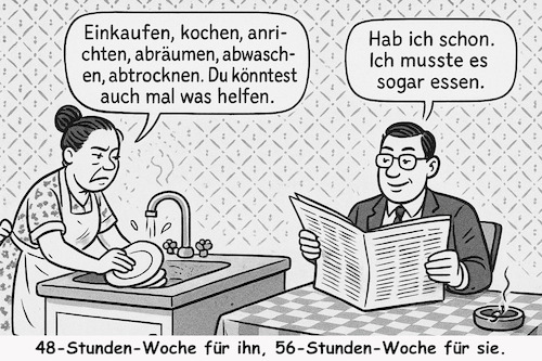 Cartoon: Work-Life-Balance 1960 (medium) by ArtyFicial tagged historie,1960,1960er,1950er,48,stunden,emanzipation,mann,frau,work,life,balance,ehe,hausarbeit,freizeit,rollenverteilung,umgang,gesellschaft