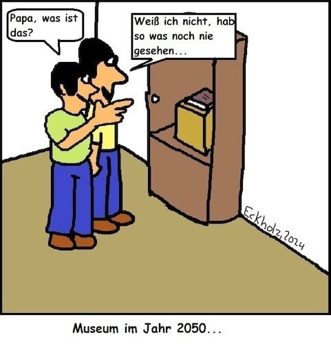 Cartoon: Museum im Jahr 2050... (medium) by Schwabbel tagged bücher,antiquitäten,buch,museum,mann,junge,sohn,erziehung,gesellschaft,geschichte,vergangenes,reliquien,andenken,zukunft,vergangenheit,literatur