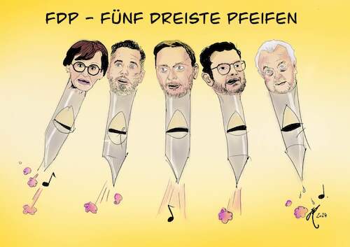 Cartoon: FDP - Fünf dreiste Pfeifen (medium) by Jan Kopper tagged ampel,lindner,buschmann,starkwatzinger,kubicki,dürr