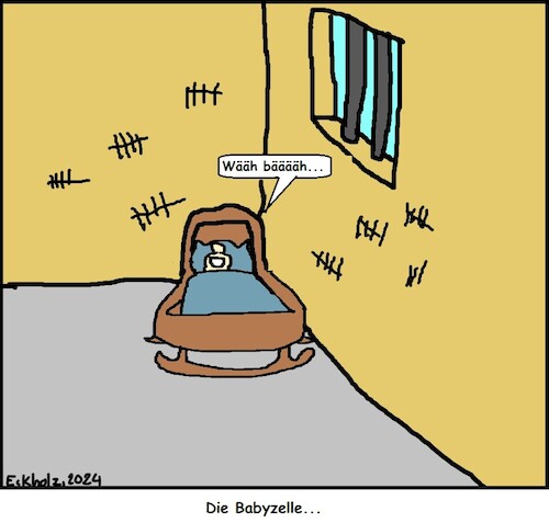 Cartoon: Die Babyzelle... (medium) by Schnauzevoll tagged allegorie,sinnbild,zelle,baby,wiege,babyzelle,knast,kleinkind,säugling,sprache