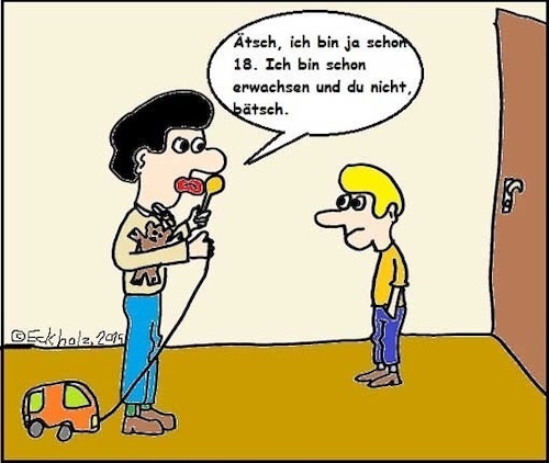 Cartoon: Erwachsen... (medium) by SMK tagged erwachsen,infantilität,jugend,volljährigkeit,familie,gesellschaft,auto,scooter,spielzeugauto,spielzeug,verspieltheit,zwiespalt,unreife,jungen,mann,kinder,erziehung