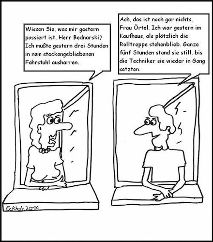 Cartoon: 3 Stunden - 5 Stunden (medium) by Walross tagged rolltreppe,fahrstuhl,unfall,feststecken,mann,frau,gesellschaft,gleichgültigkeit,stunden