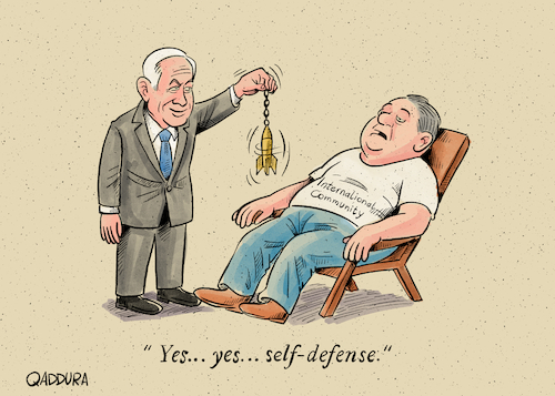 Cartoon: Self-Defense... or Genocide? (medium) by Ahmad Qaddura tagged gaza