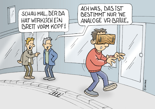 Cartoon: Analoge VR-Brille (medium) by Rovey tagged vr,brille,vrbrille,brett,vorm,kopf,virtuelle,realität,dummheit,blödheit,digital,analog,illusion,phantasie,phantasiewelt,individualist,blind,träumer,weltflucht,straße,holz,trend,mode,lifestyle,sparen,passanten,cartoon,zeichnung,illustration,vr,brille,vrbrille,brett,vorm,kopf,virtuelle,realität,dummheit,blödheit,digital,analog,illusion,phantasie,phantasiewelt,individualist,blind,träumer,weltflucht,straße,holz,trend,mode,lifestyle,sparen,passanten,cartoon,zeichnung,illustration