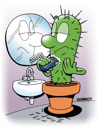 Cartoon: Der Kaktus (medium) by Rovey tagged plants,pflanzen,kaktus,rasieren,morgentoilette,rasur,bad,kaktus,pflanze,topfpflanze,bad,spiegel,rasieren,rasierer,stachel,morgentoilette,körperpflege,badezimmer