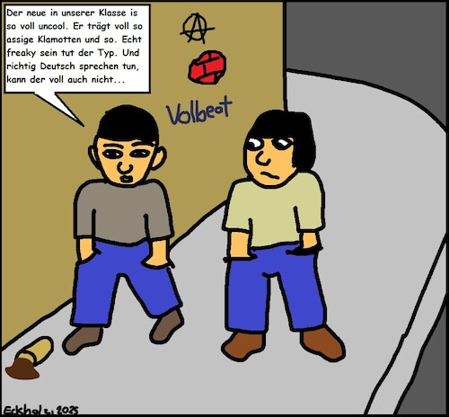 Cartoon: Der Neue... (medium) by Wutkritzler78 tagged mobbing,ausgrenzung,gewalt,hass,jugend,jungen,gesellschaft