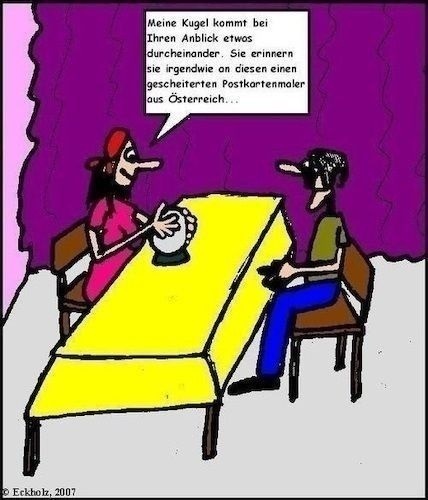Cartoon: Die Wahrsagerin 4 (medium) by Wutkritzler78 tagged ähnlichkeit,wahrsagerin,mann,frau,hitler,scheinreligion,esoterik,rummelplatz,scharlatanerie,wahrsagen,gauklerin