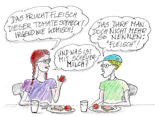 Cartoon: Es geht um die -Veggi- Wurst (medium) by Don-al-dente tagged veggiwurst,eu,fleisch,fleischersatz,regelwut,sojaschnitzel,euparlament,vegetarier,fleischlobby,tomaten,fruchtfleisch