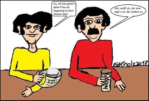Cartoon: Jeder sagts anders... (medium) by Sven78 tagged männer,bier,kneipe,gerücht,nachrede,erfahrung,kneipenalltag,fremdgehen,ehebruch,liebe,beziehung,ehe