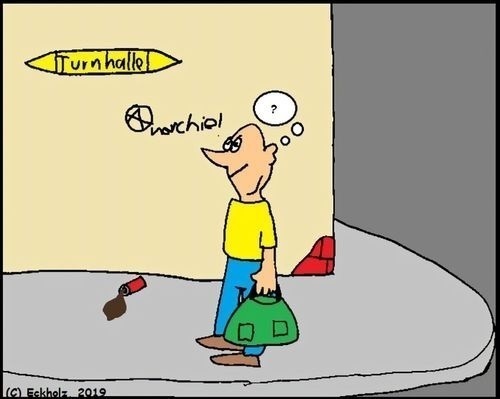 Cartoon: Wegweiser... (medium) by Sven78 tagged verwirrung,wegweiser,turnhalle,mann,sport,gesellschaft,irreführung,ziellosigkeit