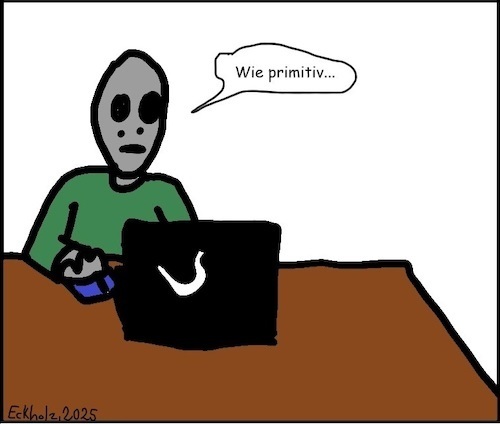 Cartoon: Wie primitiv... (medium) by Sven78 tagged primitiv,alien,laptop,technologie,medien,internet,elektronik,science,fiction,ausserirdische,intelligenz,ki,fortschritt