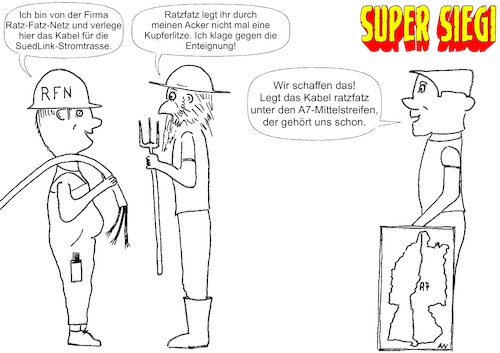Cartoon: A7-Stromtrasse SüdLink (medium) by Tatort Memmingen tagged stromtrasse,erdkabel,suedlink,elektrische,energie,energiewende,windkraft,windenergie,energieversorgung,güner,strom,ökostrom,süddeutschland,bayern,baden,württemberg,schleswig,holstein,autobahn,wasserkraft,hochspannung,gleichstrom,netzausbau,markus,söder,offshore,onshore,windpark,nordsee,ostsee,süden,norden