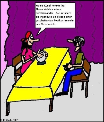 Cartoon: Die Wahrsagerin 4 (medium) by Stiftquäler78 tagged ähnlichkeit,wahrsagerin,mann,frau,hitler,scheinreligion,esoterik,rummelplatz,scharlatanerie,wahrsagen,gauklerin