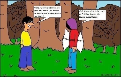 Cartoon: Vorsichtsmaßnahme 2 (medium) by Stiftquäler78 tagged vorsichtsmaßnahme,kissen,angst,wald,männer