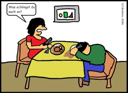 Cartoon: Das letzte Mahl... (medium) by Moppel tagged bolustod,ersticken,mann,frau,essen,mahlzeit,tod,mittag,vorwurf,gehässigkeit,gier,gesellschaft