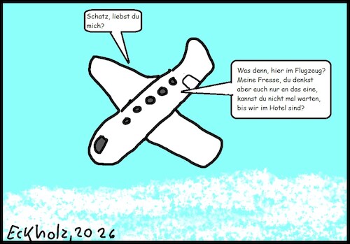 Cartoon: Über den Wolken... (medium) by Moppel tagged missverständnis,mann,frau,ehe,hintergedanken,reisen,flugreise,urlaub,unterwegs,gesellschaft