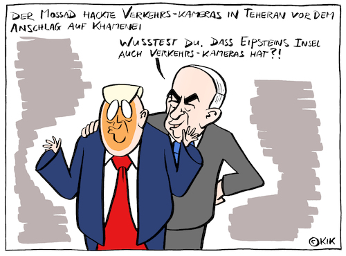 Cartoon: Mossad hackt Verkehrs-kameras (medium) by Kik tagged mossad,netanyahu,trump,epstein,iran,teheran,krieg,epsteinfiles,mossad,netanyahu,trump,epstein,iran,teheran,krieg,epsteinfiles