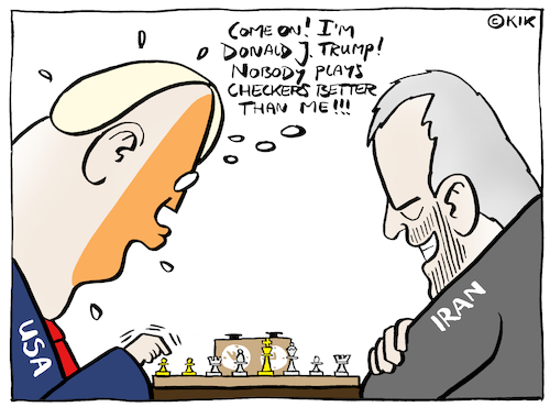 Cartoon: USA vs Iran (medium) by Kik tagged chess,trump,usa,iran,washington,teheran,negotiations,checkers,strategy,chess,trump,usa,iran,washington,teheran,negotiations,checkers,strategy