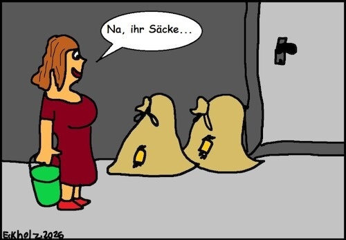 Cartoon: Na ihr Säcke... (medium) by Mr Speck tagged säcke,frau,tiefgang,sprache