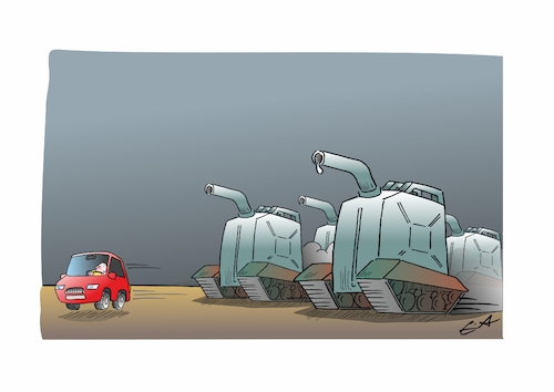 Cartoon: Angriff Öl (medium) by Bernd Eisert tagged autofahrer,benzinpreis,öl,angriff,tank,panzer,bedrohung,flucht,deutschland,autofahrer,benzinpreis,öl,angriff,tank,panzer,bedrohung,flucht,deutschland