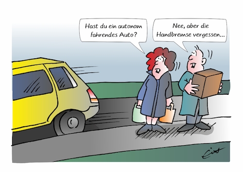 Cartoon: Autonomes Fahren (medium) by Bernd Eisert tagged auto,autonomes,fahren,handbremse,vergessen,paar,auto,autonomes,fahren,handbremse,vergessen,paar