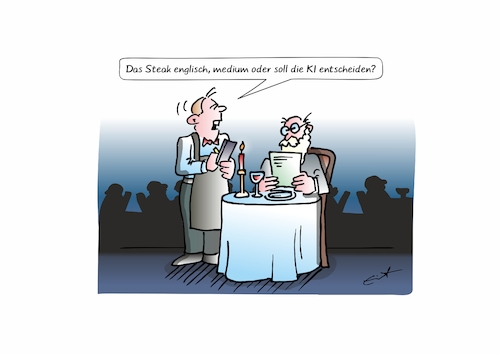 Cartoon: Entscheidungshilfe (medium) by Bernd Eisert tagged restaurant,kellner,gast,steak,medium,ki,entscheidung,restaurant,kellner,gast,steak,medium,ki,entscheidung
