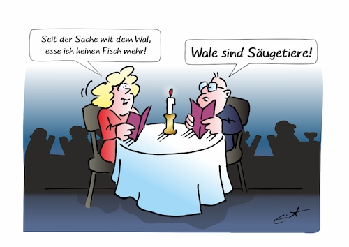 Cartoon: Falsches Mitleid (medium) by Bernd Eisert tagged dinner,paar,essen,fisch,wal,säugetiere,unwissen,dinner,paar,essen,fisch,wal,säugetiere,unwissen