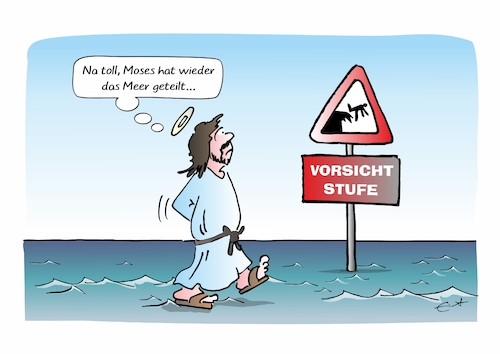 Cartoon: Jesus und das Meer (medium) by Bernd Eisert tagged jesus,meer,moses,teilung,verkehrsschild,warnung,stufe,bibel,jesus,meer,moses,teilung,verkehrsschild,warnung,stufe,bibel