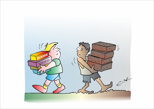 Cartoon: Kinderarbeit (medium) by Bernd Eisert tagged reichtum,armut,kinder,arbeit,videospiele,vergnügen,ausnutzung,jugendliche,reichtum,armut,kinder,arbeit,videospiele,vergnügen,ausnutzung,jugendliche