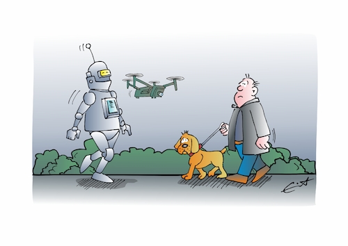 Cartoon: Modernes Gassi (medium) by Bernd Eisert tagged gassi,hund,ki,roboter,drohne,spaziergänger,gassi,hund,ki,roboter,drohne,spaziergänger