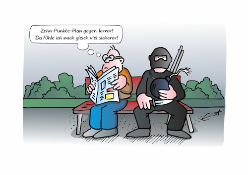 Cartoon: Plan gegen Terror (medium) by Bernd Eisert tagged 10,punkte,plan,terror,is,neue,regeln,abwehr,terrorismus,angst,bürger,10,punkte,plan,terror,is,neue,regeln,abwehr,terrorismus,angst,bürger