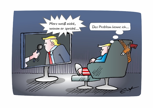 Cartoon: Selbsterkenntnis (medium) by Bernd Eisert tagged trump,merz,ahnung,kritik,aussage,iran,krieg,deutschland,amerika,trump,merz,ahnung,kritik,aussage,iran,krieg,deutschland,amerika