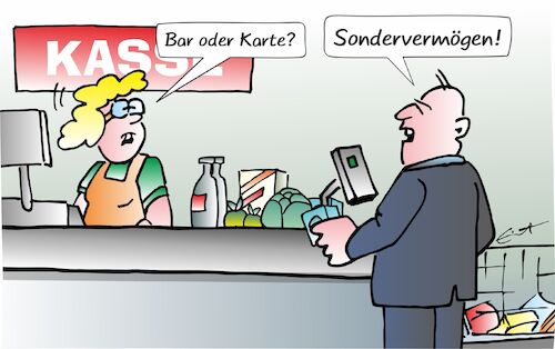 Cartoon: Sondervermögen (medium) by Bernd Eisert tagged bar,karte,sondervermögen,bezahlen,kasse,kassierein,ware,re,bar,karte,sondervermögen,bezahlen,kasse,kassierein,ware,re