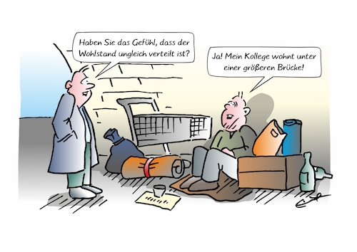 Cartoon: Verteilter Wohlstand (medium) by Bernd Eisert tagged wohlstand,gerechtigkeit,aufteilung,bettler,brücke,armut,reichtum,bescheidenheit,wohlstand,gerechtigkeit,aufteilung,bettler,brücke,armut,reichtum,bescheidenheit