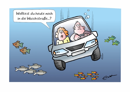 Cartoon: Waschstraße verpasst (medium) by Bernd Eisert tagged auto,paar,wasser,fische,waschstraße,verfehlt,unfall,auto,paar,wasser,fische,waschstraße,verfehlt,unfall