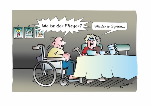 Cartoon: Wieder in Syrien... (medium) by Bernd Eisert tagged altenheim,pfleger,ausländer,heimreise,lösung,alte,altenheim,pfleger,ausländer,heimreise,lösung,alte