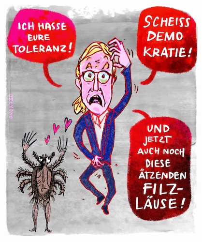 Cartoon: Filthy Alice in Scratchyland (medium) by omoko tagged filz,parteienfilz,afd,demokratie,toleranz,alice,filzläuse,weidel,faschisten,kratzen,braune,pest,böse,tante,politik,rassismus,abschiebung,fanatiker,vetternwirtschaft,familie,spezi,omoko