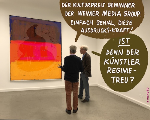Cartoon: Monochrom war gestern (medium) by omoko tagged weimer,kulturförderung,kultur,staatsminister,regimetreu,anpassung,förderrichtlinie,verfassungsschutz,spionage,hintergrundcheck,extremismus,maulkorb,selbstzensur,zensur,zensurvorwurf,kritik,hauptstadtkulturfonds,kulturgeld,neutralitätsgebot