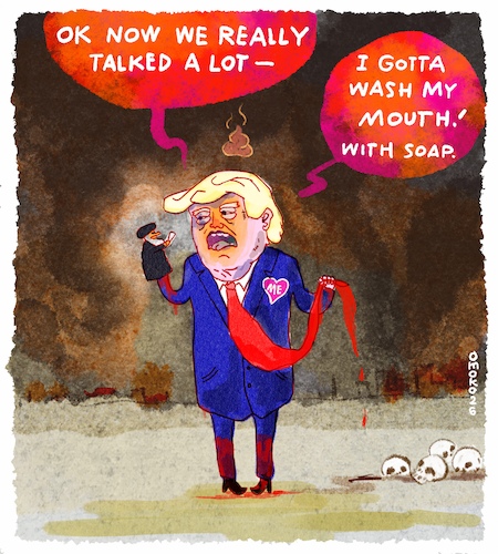 Cartoon: Mr Talkalot (medium) by omoko tagged war,mr,president,donald,trump,dump,turd,talk,lies,mullah,puppet,bombs,explosion,skulls,dead,people,negotiations,fake,news,desert,clouds,darkness,dirt,rotten,wargames,omoko
