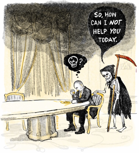 Cartoon: Poison or not Poison (medium) by omoko tagged death,service,poison,enemies,dictator,cruel,philosophy,bad,wine,suicide,lies,fake,peace,solution,war,strategy,getaway,murder,killer,despair,selfpity,irresponsible,jerk,putin,paranoia,poisoning,plan,change,perspective,tactic,wayout,storytelling,omoko