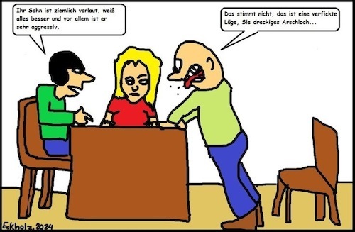 Cartoon: Elternsprechstunde... (medium) by Kritzelspacko78 tagged elternsprechstunde,lehrer,eltern,mann,frau,schule,aggressionen,pädagoge,erziehung,gesellschaft,unverschämtheit