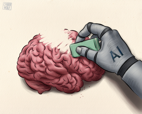 Cartoon: Cognitive Decline (medium) by Cyberwolf tagged ai,artificial,intelligence,brain,thinking,mind,technology,dependence,future,eraser