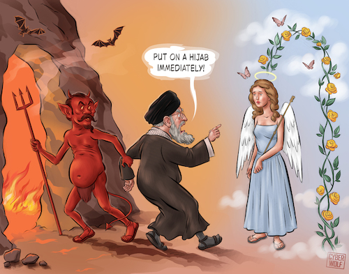 Cartoon: Even Here (medium) by Cyberwolf tagged ali,khamenei,iran,hijab,law,morality,police,women,rights,authoritarianism,heaven,hell,angel,devil