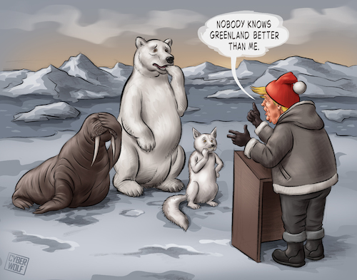 Cartoon: Greenland Rally (medium) by Cyberwolf tagged trump,greenland,arctic,geopolitics,territorial,ambition,usa,satire,imperialism,walrus,polar,bear,fox